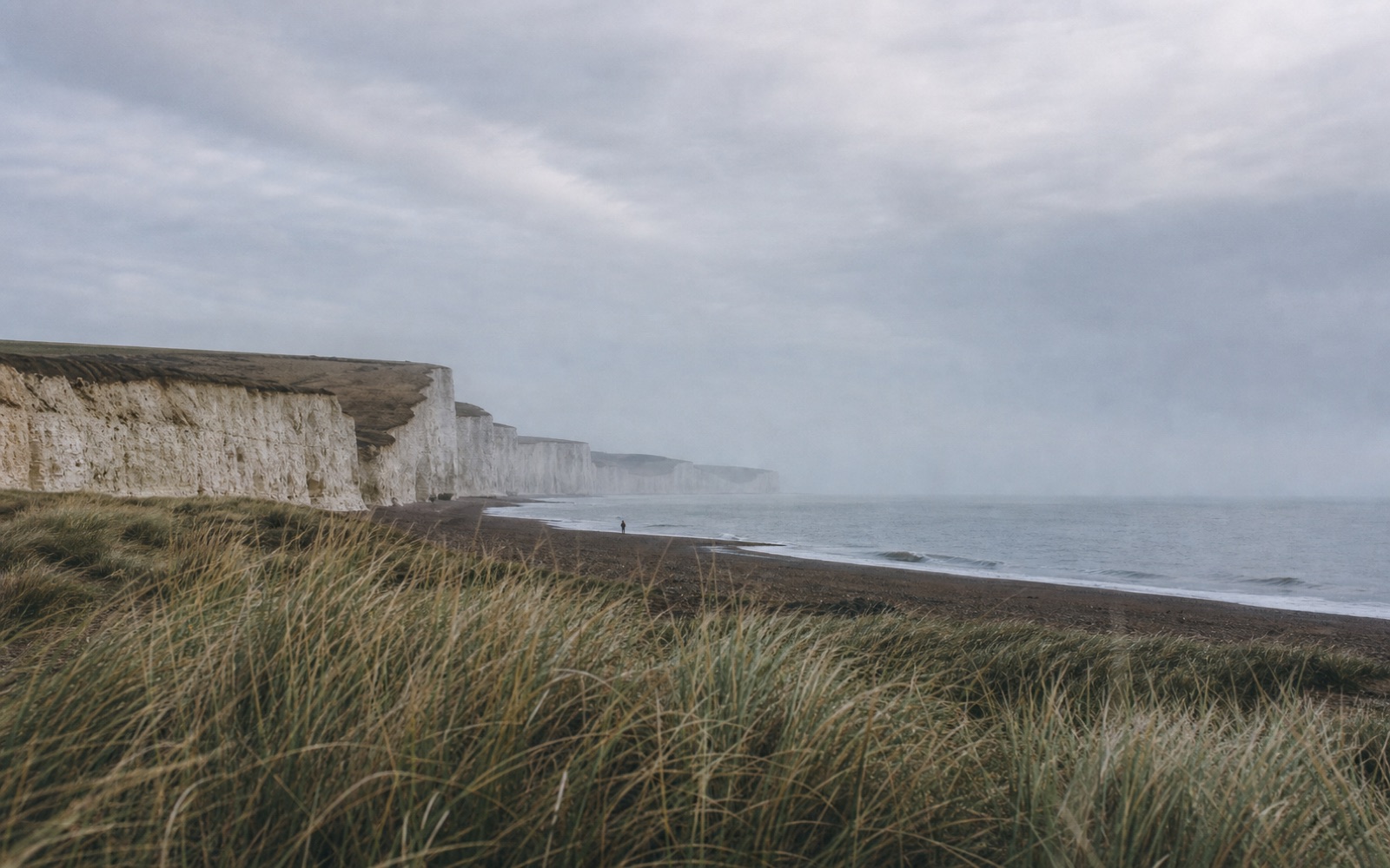 Chalk cliffs meeting a quiet sea beneath a silver sky
